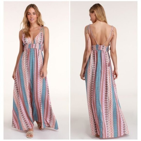Lulu's Maxin' Relaxin' Multi Print Sleeveless Tie Strap Maxi Dress Size S - Picture 1 of 10
